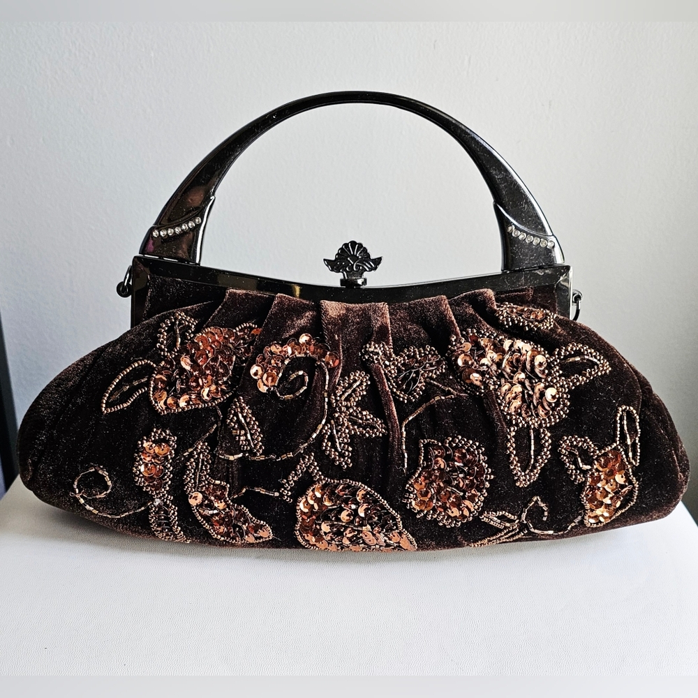 Elegant Pleated Brown Velvet  Embroidered Evening Bag 6"x13"